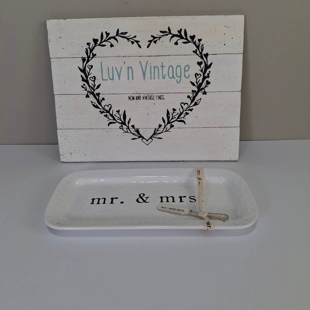 Mud Pie Mr Mrs Ceramic Serving‎ Tray with Spreader Wedding Bridal Shower Gift